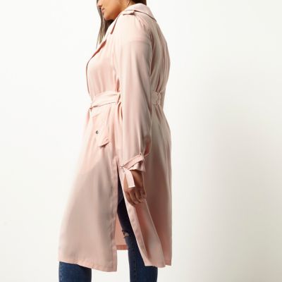 Plus pink tie waist duster trench coat